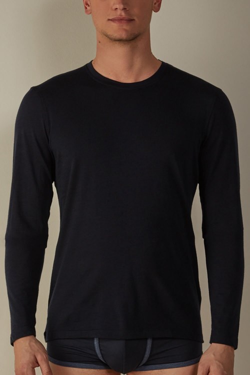 Blue - 800 - Midnight Blue Intimissimi Long-sleeve Crew-Neck Merino-Wool Top | HYBJX2358