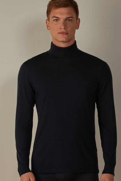 Blue - 800 - Midnight Blue Intimissimi Long-sleeve High-Neck Merino-Wool Top | ITGBQ8607