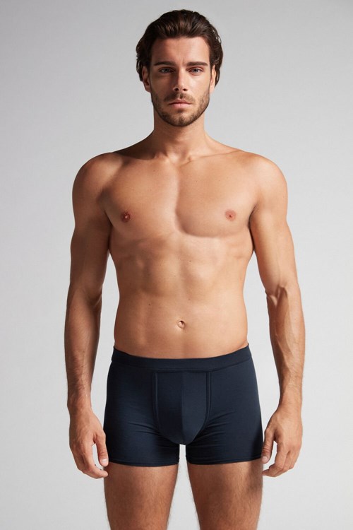 Blue - 800 - Midnight Blue Intimissimi Natural Fresh Supima® Cotton Boxers | EMGZA2746