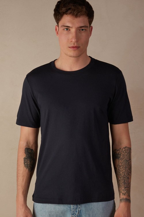 Blue - 800 - Midnight Blue Intimissimi Regular Fit T-Shirt in Extrafine Supima® Cotton | QWOKH2856