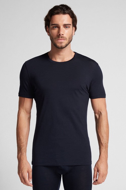 Blue - 800 - Midnight Blue Intimissimi Stretch Merino Wool Short-Sleeve T-Shirt | PCSFT3804