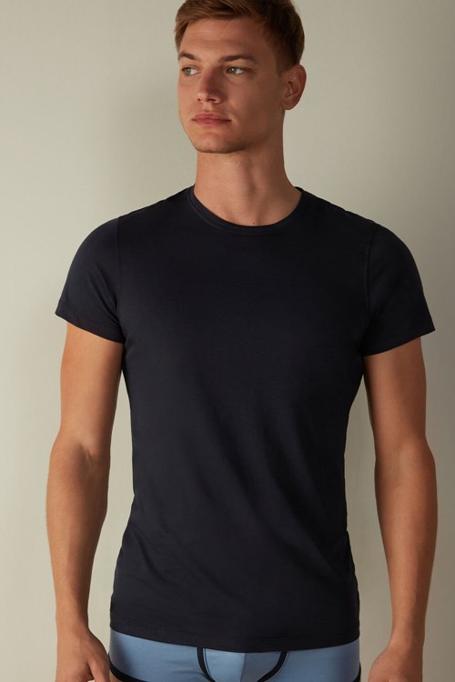 Blue - 800 - Midnight Blue Intimissimi Short-Sleeve Crew-Neck T-Shirt in Extra-Fine Supima® Cotton | QLKWS5672