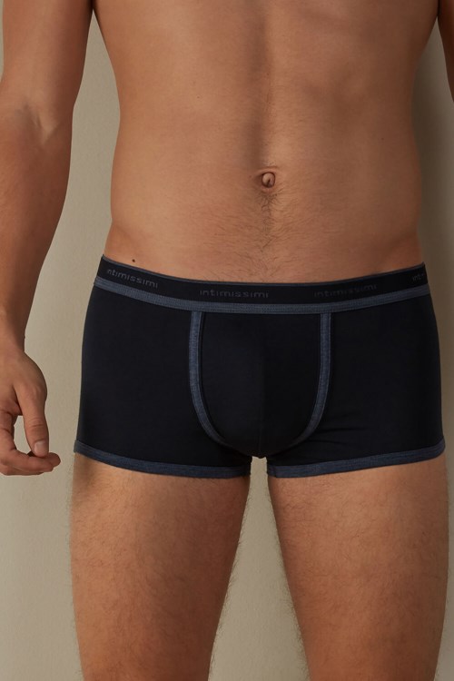 Blue - 844i - Midnight Blue / Heathered Denim Blue Intimissimi Stretch Supima® Cotton Boxer Shorts with Logo Detail | XUAMW9061