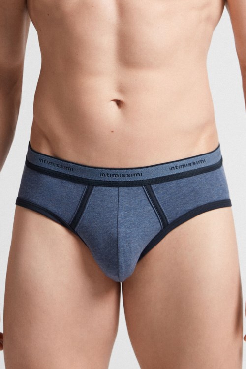 Blue - 845i - Heathered Denim Blue / Midnight Blue Intimissimi Stretch Supima® Cotton Brief with Logo Detail | YGBXE6052