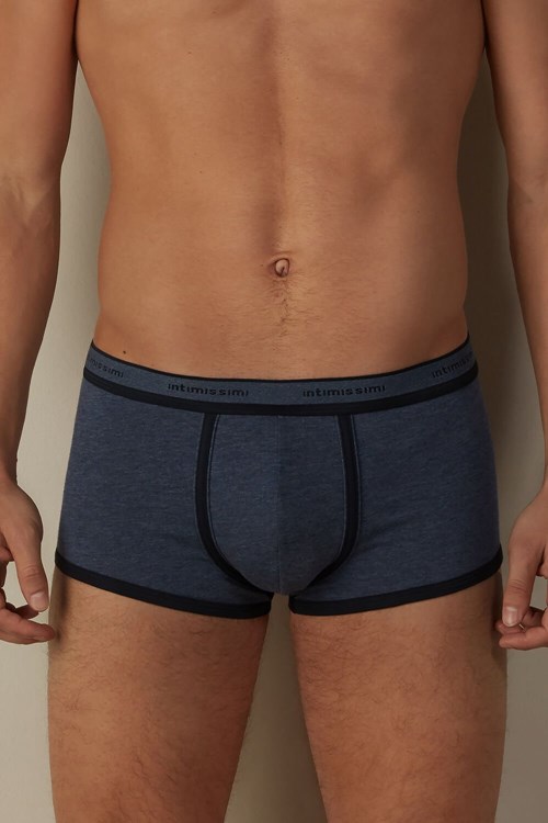 Blue - 845i - Heathered Denim Blue / Midnight Blue Intimissimi Stretch Supima® Cotton Boxer Shorts with Logo Detail | ZABGF1276