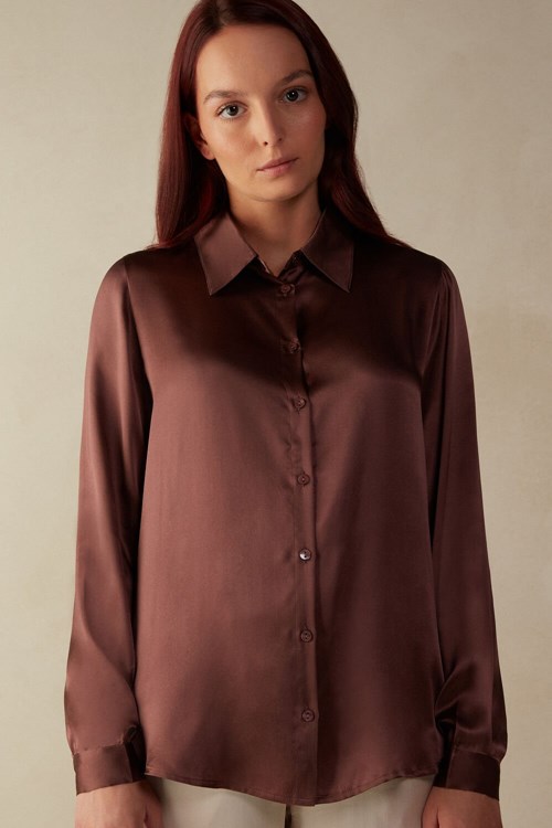 Brown - 002j - Nutmeg Brown Intimissimi Long Sleeve Silk Shirt | DIGJQ9562