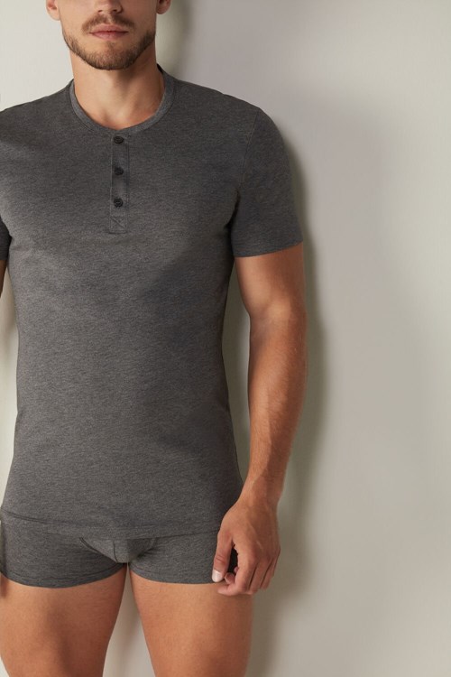 Dark Grey - 5227 - Heathered Graphite Grey Intimissimi Short-Sleeved Supima® Cotton Shirt | GPNTJ7521