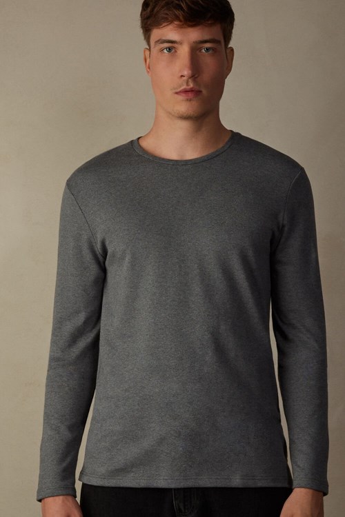 Dark Grey - 5227 - Heathered Graphite Grey Intimissimi Long Sleeve Top in Warm Cotton | HLZXG3061