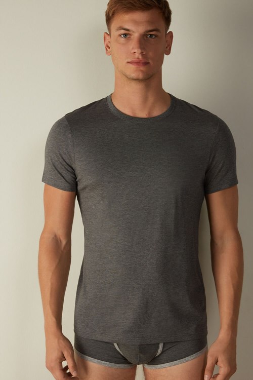 Dark Grey - 5227 - Heathered Graphite Grey Intimissimi Short Sleeve Crew Neck T Shirt in Supima® Cotton | RAYMG5723