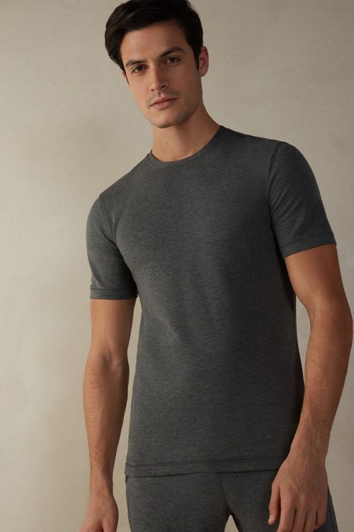 Dark Grey - 5227 - Heathered Graphite Grey Intimissimi Short-Sleeve Modal-Cashmere Top | SBJKQ3576