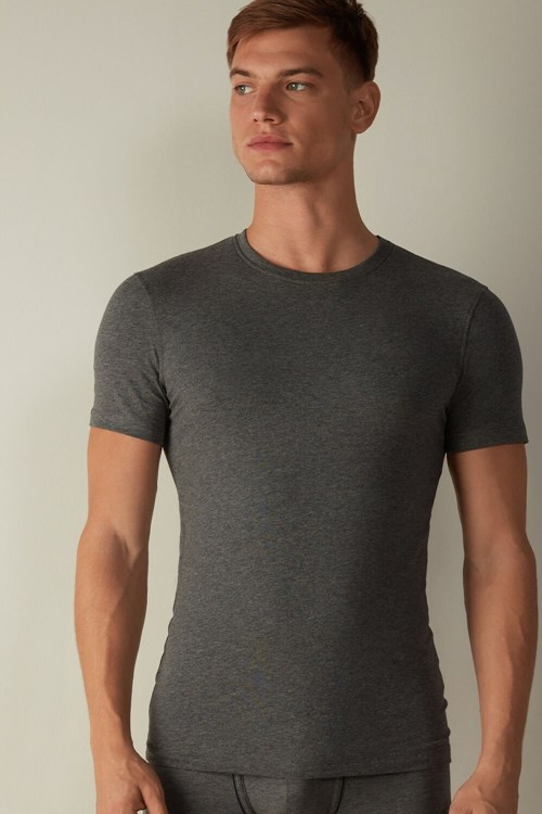 Dark Grey - 5227 - Heathered Graphite Grey Intimissimi T-shirt in Stretch Supima® Cotton | WECYT7139