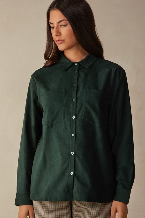 Green - 152j - Green Foliage Intimissimi Slow and Cozy Velvet Shirt | UWZHA2139