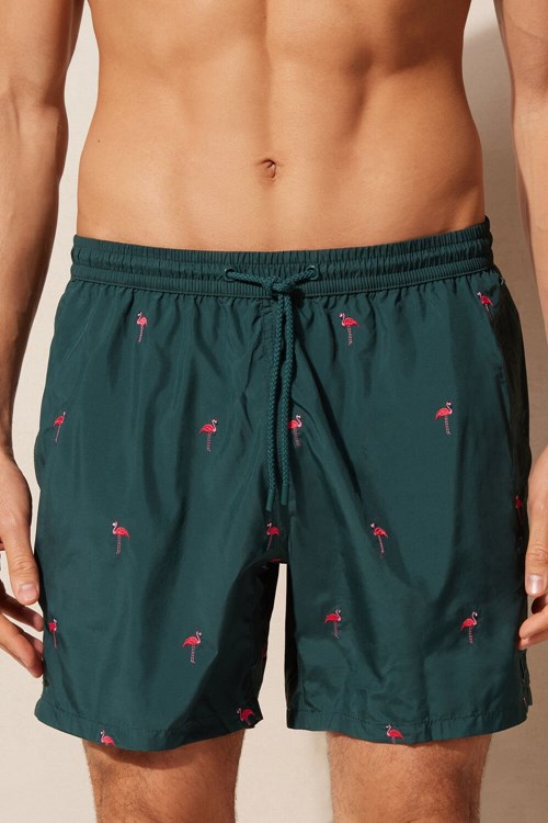 Green - 254j - Dark Green Flamingo Embroidery Intimissimi Embroidered Flamingo Swim Trunks | EMBHC0537