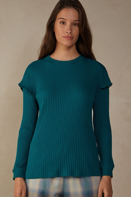 Green - 4572 - Evergreen Intimissimi Cozy Mountains Long Sleeve Ribbed Top | YIOWT1059