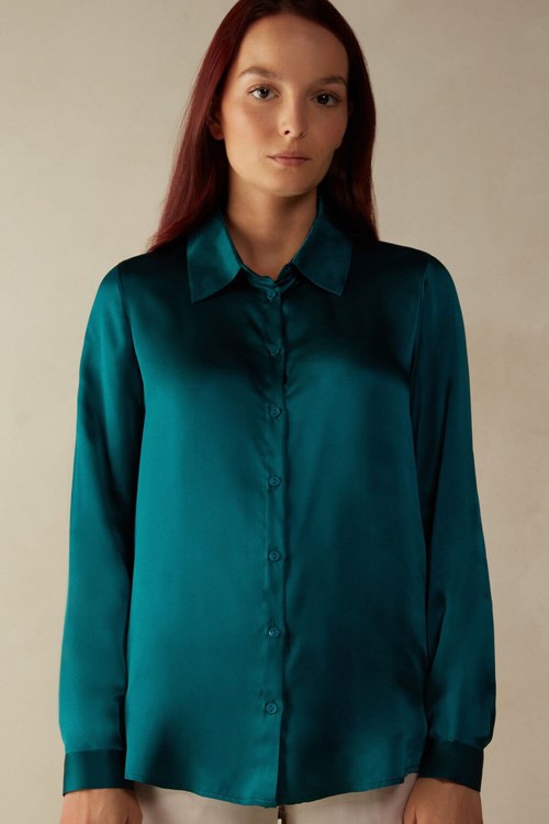 Green - 4572 - Evergreen Intimissimi Long Sleeve Silk Shirt | AMKTF9124