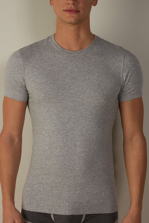 Grey - 031 - Light Heathered Grey Intimissimi T-shirt in Stretch Supima® Cotton | EQXOC2138