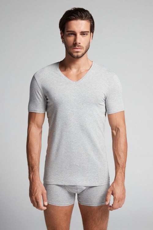 Grey - 031 - Light Heathered Grey Intimissimi V-neck T-shirt in Stretch Supima® Cotton | KBGXN7508