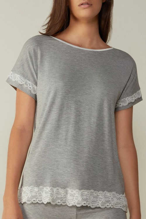 Grey - 031 - Light Heathered Grey Intimissimi Short-Sleeve Modal Top with Lace Detail | NEJMP9536