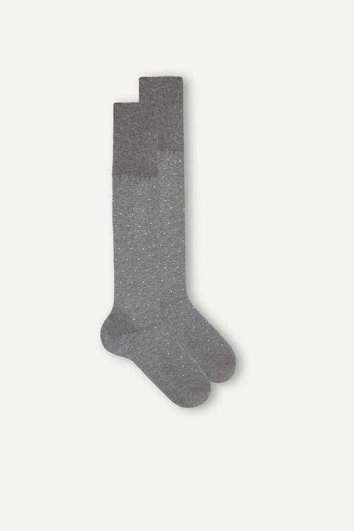 Grey - 063j - Graphite Grey Heather Dot Print Intimissimi Men’s Long Socks in Patterned Lisle Cotton | GTXSO6025