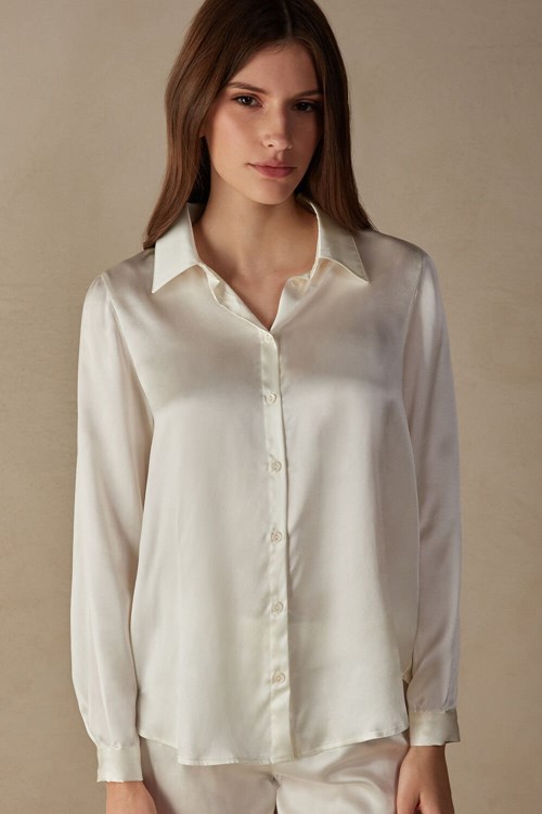 Ivory - 2127 - Talc White Intimissimi Long Sleeve Silk Shirt | VQNBH2147