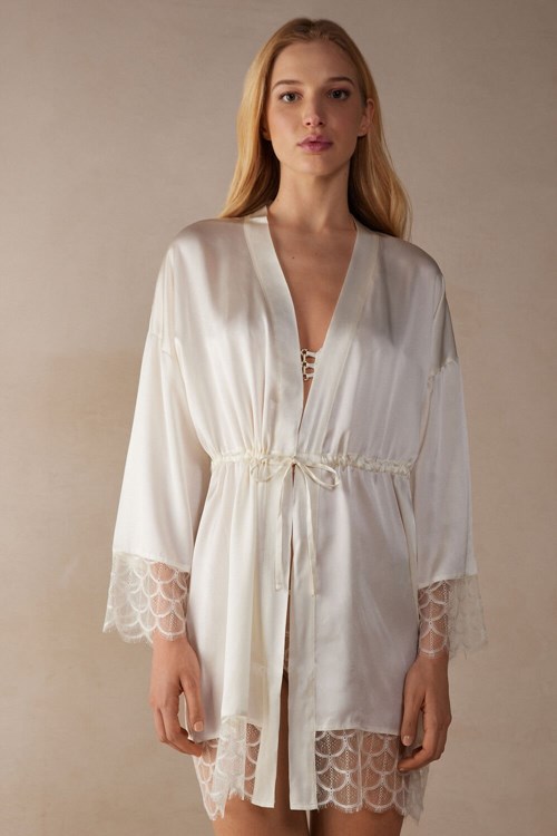 Ivory - 2127 - Talc White Intimissimi Pure Charme Silk Kimono | QTLHA5240