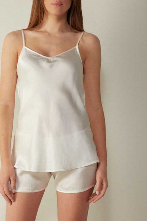 Ivory - 2127 - Talc White Intimissimi Silk Satin Top with V-neckline | TMWDU0351