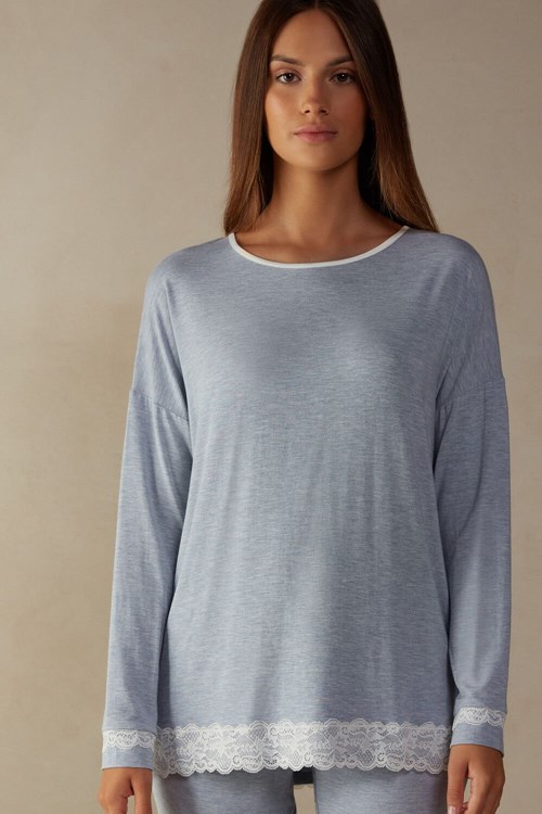 Light Blue - 009j - Heathered Light Blue Intimissimi Long-Sleeve Round-Neck Modal Top | OHEYS4170