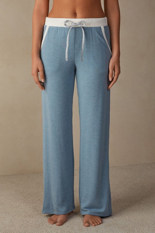 Light Blue - 145j - Light Blue Heather / Powder Intimissimi Romantic Bedroom Contrast Trim Full Length Pants in Modal with Wool | FVEOZ4037