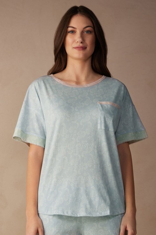 Light Blue - 226j - Romantic Cashmere Print Intimissimi Romantic Cashmere Short Sleeve Cotton Top | DNQSJ3108