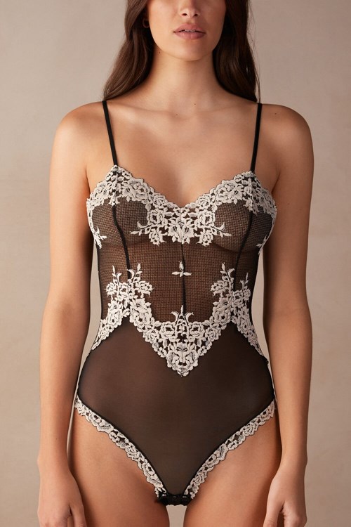 Multicolor - 9887 - Black / Ivory Intimissimi Pretty Flowers Tulle and Lace Bodysuit | CKGAU3579