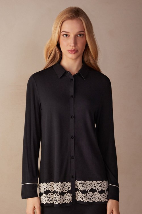 Multicolor - 9887 - Black / Ivory Intimissimi Pretty Flowers Button Up Shirt in Modal | SAFJT6078