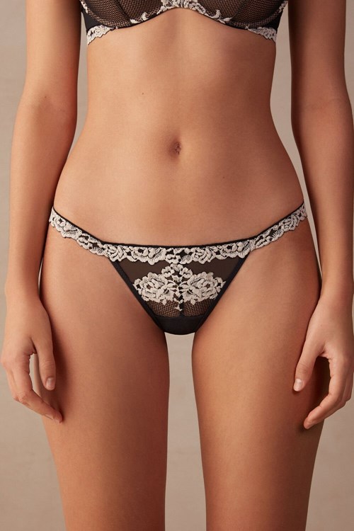 Multicolor - 9887 - Black / Ivory Intimissimi Pretty Flowers String Thong | TMQXA3092