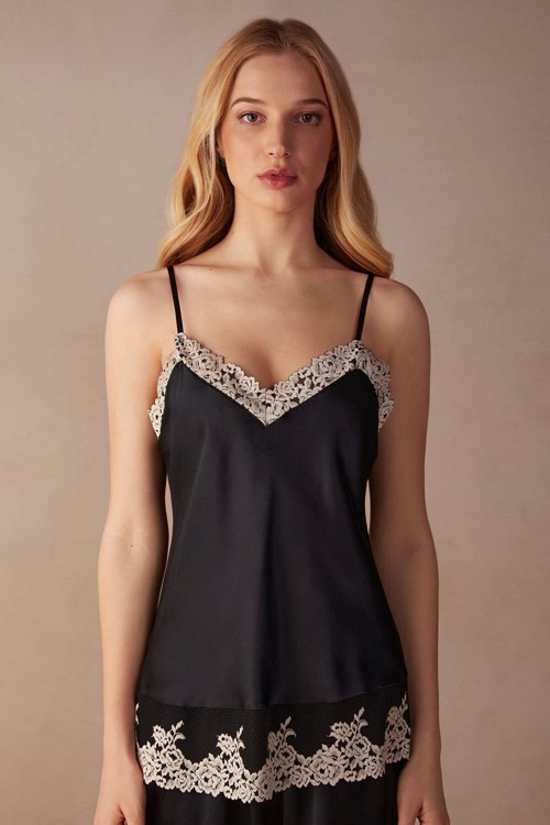 Multicolor - 9887 - Black / Ivory Intimissimi Pretty Flowers Thin Strap Silk Tank Top | XNDJU6187