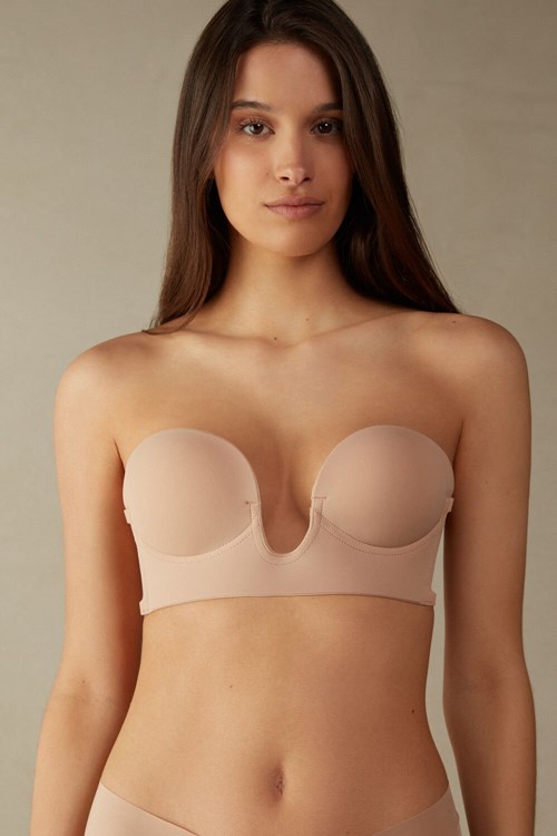 Natural - 044 - Soft Beige Intimissimi Stick-On Bandeau Plunge Bra with Graduated Cups | HKCBZ5064