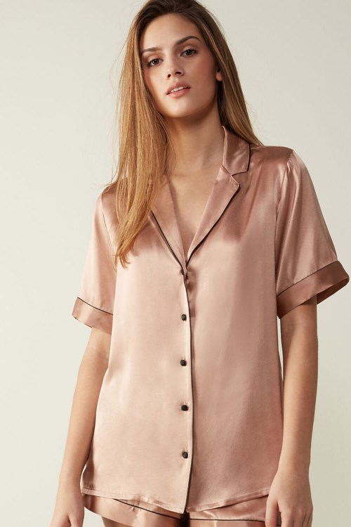 Natural - 163i - Satin Pink Intimissimi Short Sleeve Silk Shirt with Contrast Trim | DHFMG3246