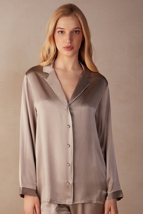 Natural - 651i - Powder Beige Intimissimi Mannish-Cut Jacket in Silk Satin | HDRSG5902