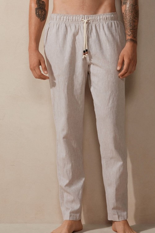 Natural - 917i - Linen White Intimissimi Linen and Cotton Full Length Pants | NHTPL2435