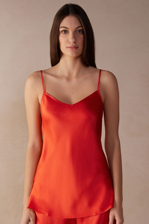 Orange - 219j - Flame Scarlet Intimissimi Silk Satin Top with V-neckline | QUZNV4598