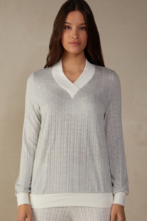 Pale Grey - 154j - Grey Heather / Powder White Intimissimi Timeless Heritage V-Neck Top | GXJDA5364