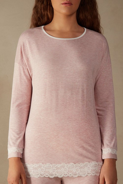 Pale Pink - 008j - Heathered Light Pink Intimissimi Long-Sleeve Round-Neck Modal Top | FRGVW0816