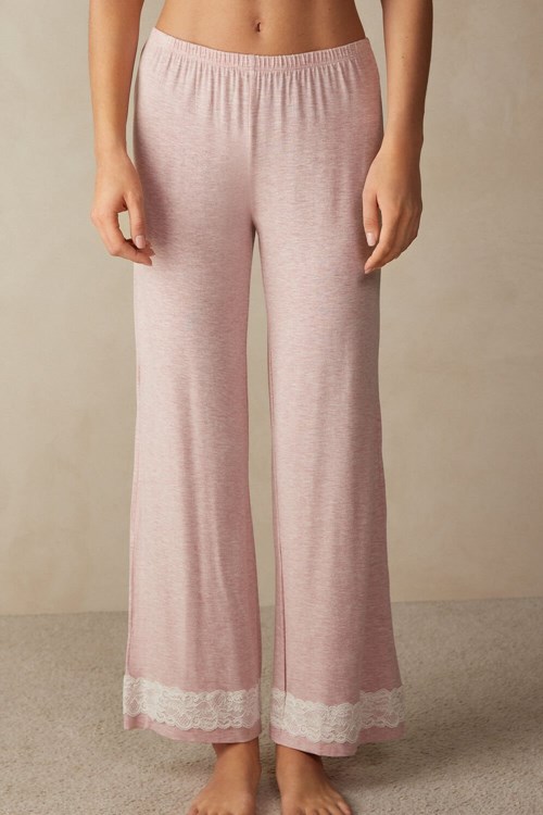 Pale Pink - 008j - Heathered Light Pink Intimissimi Lace Trim Full Length Pants in Modal | JCZRA2468