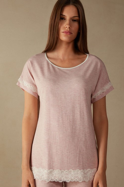 Pale Pink - 008j - Heathered Light Pink Intimissimi Short-Sleeve Modal Top with Lace Detail | UYERH9286