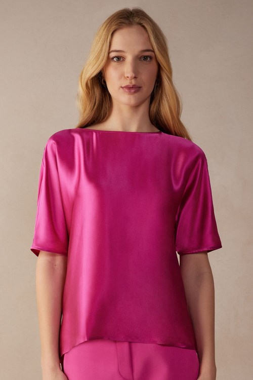 Pink - 206j - Valentine Pink Intimissimi Short Sleeve Silk and Modal Top | SNMUT2651