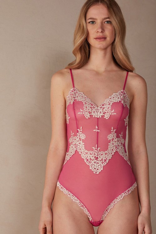 Pink - 213j - Valentine Pink / Ivory Intimissimi Pretty Flowers Tulle and Lace Bodysuit | JOSWA5672