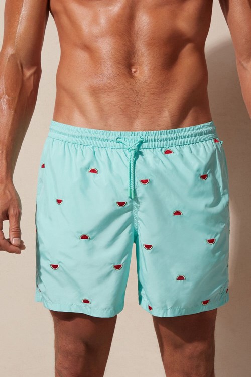 Print - 255j - Aqua Green Watermelon Embroidery Intimissimi Embroidered Watermelon Swim Trunks | DLTBZ9405