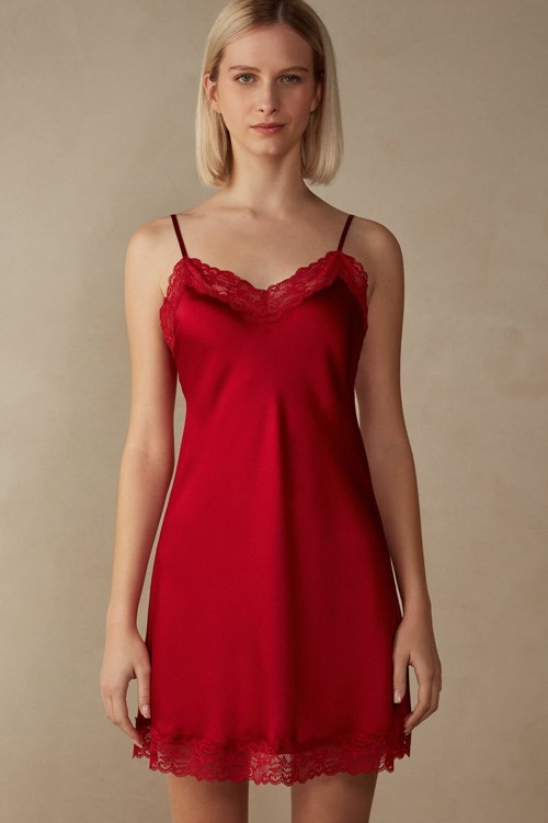 Red - 1473 - Red Intimissimi Silk Slip with Lace Insert Detail | YTRIW3972