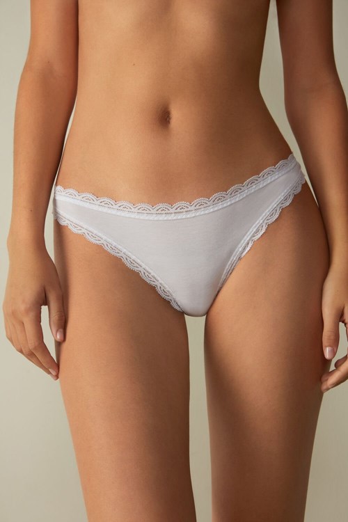 White - 001 - White Intimissimi Cotton and Lace Brazilian | NWBXK3190