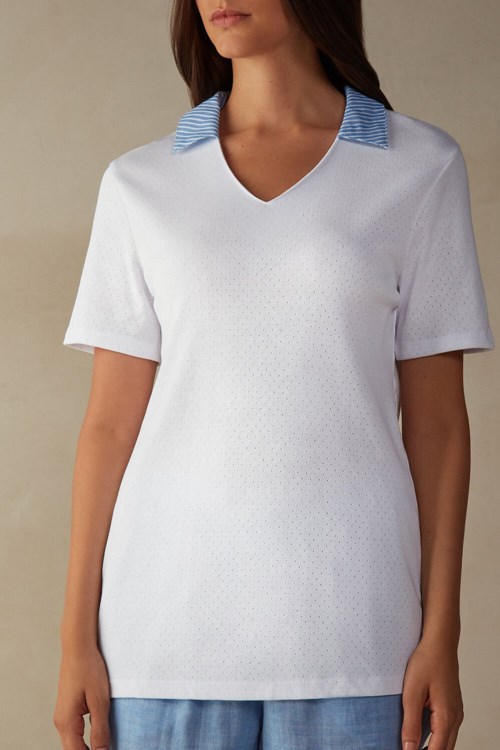 White - 001 - White Intimissimi Early in the Morning Cotton Cloth Short Sleeve Top | RJNPE5638