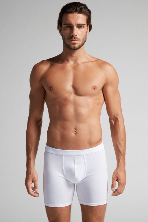 White - 001 - White Intimissimi Long Boxers in Stretch Supima® Cotton | FJHRZ2694