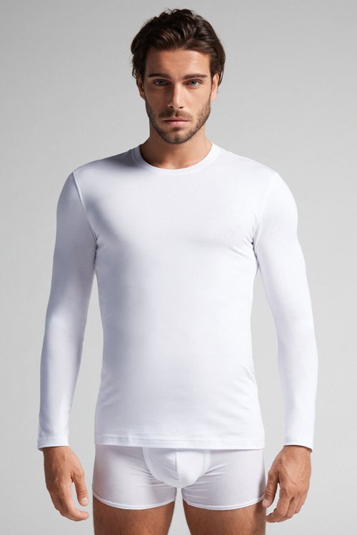 White - 001 - White Intimissimi Long-Sleeve Stretch Supima Cotton Top | YGMJN5864